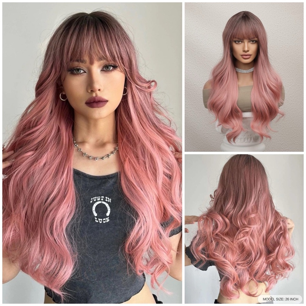 26” Pink Ombre Natural Long Curly Wavy Wig With Blunt Bangs Ombré 26 inch